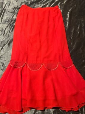 Vintage Tally Taylor Red Trumpet Maxi Skirt Scalloped Satin Detail Pull On Sz 18